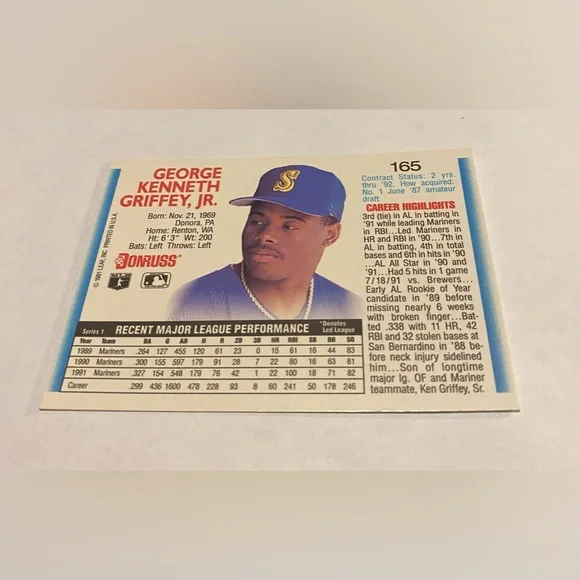 Ken Griffey Jr. 1992 Rare! Error Baseball Card # 165 (No Dot after inc) Vintage Ken Griffey Jr. 1992 Rare! Error Baseball Card # 165 (No Dot after inc) Vintage